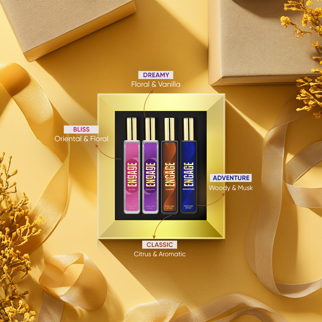 Engage Gift Perfume Set - Vibes For Men & Women, 100ml, Long Lasting, Assorted Pack, Birthday Gift, Anniversary Gift, 25ml x 4 Engage Gift Perfume Set - Vibes For Men & Women, 100ml, Long Lasting, Assorted Pack, Birthday Gift, Anniversary Gift, 25ml x 4