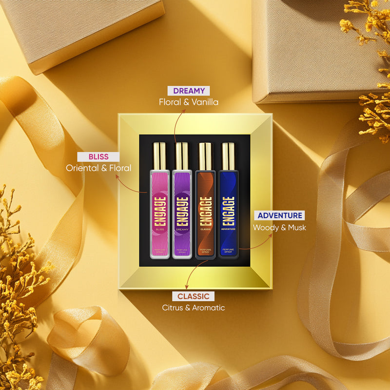 Engage Gift Perfume Set - Vibes For Men & Women, 100ml, Long Lasting, Assorted Pack, Birthday Gift, Anniversary Gift, 25ml x 4