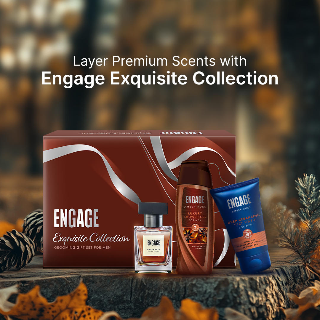 Engage Gift - Exquisite Collection Luxury Grooming Set for Men, Amber Hues Eau De Parfum (50ml), Amber Hues Shower Gel (100ml), Amber Hues Face Wash (100ml), Combo Set of 3, Gift For Men, Anniversary Gift, Birthday Gift