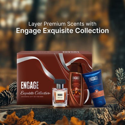 Engage Gift - Exquisite Collection Luxury Grooming Set for Men, Amber Hues Eau De Parfum (50ml), Amber Hues Shower Gel (100ml), Amber Hues Face Wash (100ml), Combo Set of 3, Gift For Men, Anniversary Gift, Birthday Gift
