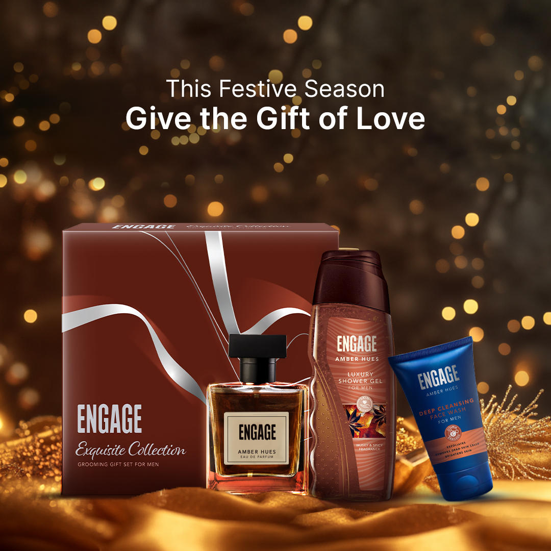 Engage Gift - Exquisite Collection Luxury Grooming Set for Men, Amber Hues Eau De Parfum (100ml), Amber Hues Shower Gel (250ml), Amber Hues Face Wash (100ml), Combo Set of 3, Gift For Men, Anniversary Gift, Birthday Gift