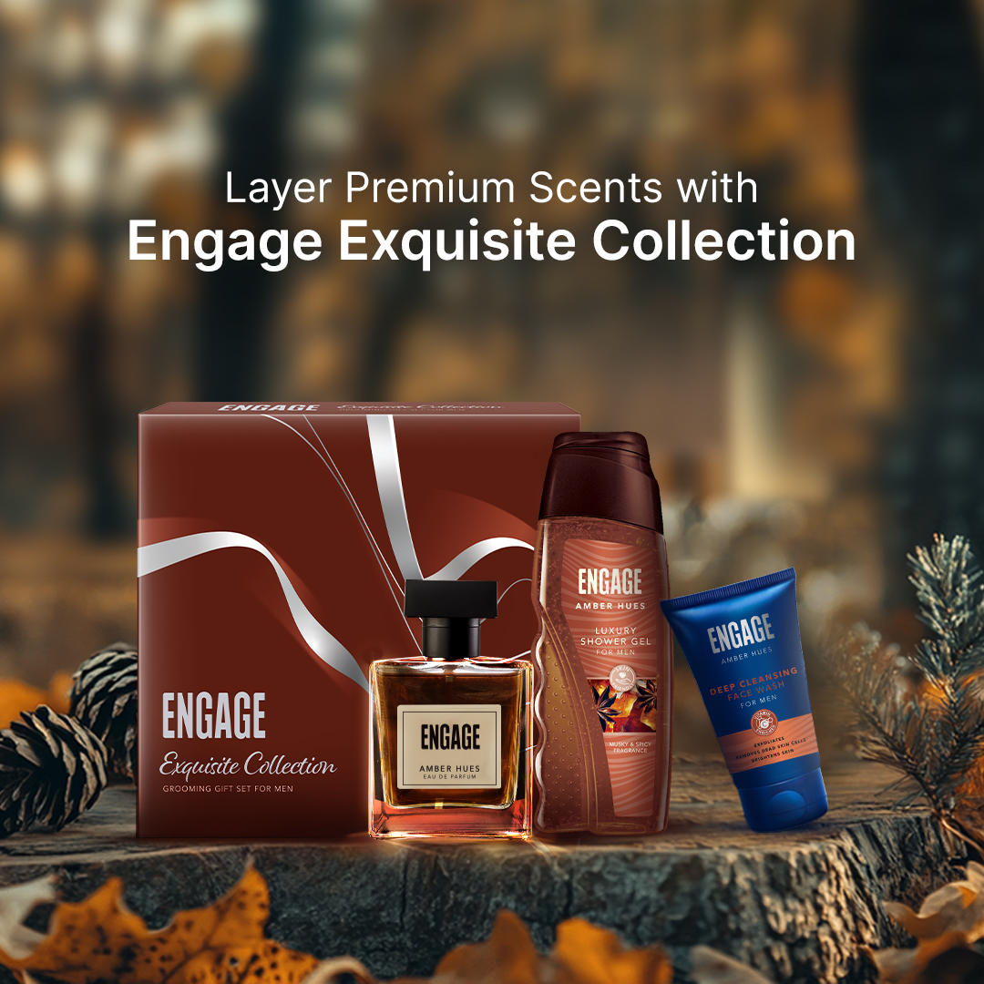 Engage Gift - Exquisite Collection Luxury Grooming Set for Men, Amber Hues Eau De Parfum (100ml), Amber Hues Shower Gel (250ml), Amber Hues Face Wash (100ml), Combo Set of 3, Gift For Men, Anniversary Gift, Birthday Gift