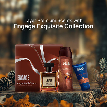 Engage Gift - Exquisite Collection Luxury Grooming Set for Men, Amber Hues Eau De Parfum (100ml), Amber Hues Shower Gel (250ml), Amber Hues Face Wash (100ml), Combo Set of 3, Gift For Men, Anniversary Gift, Birthday Gift