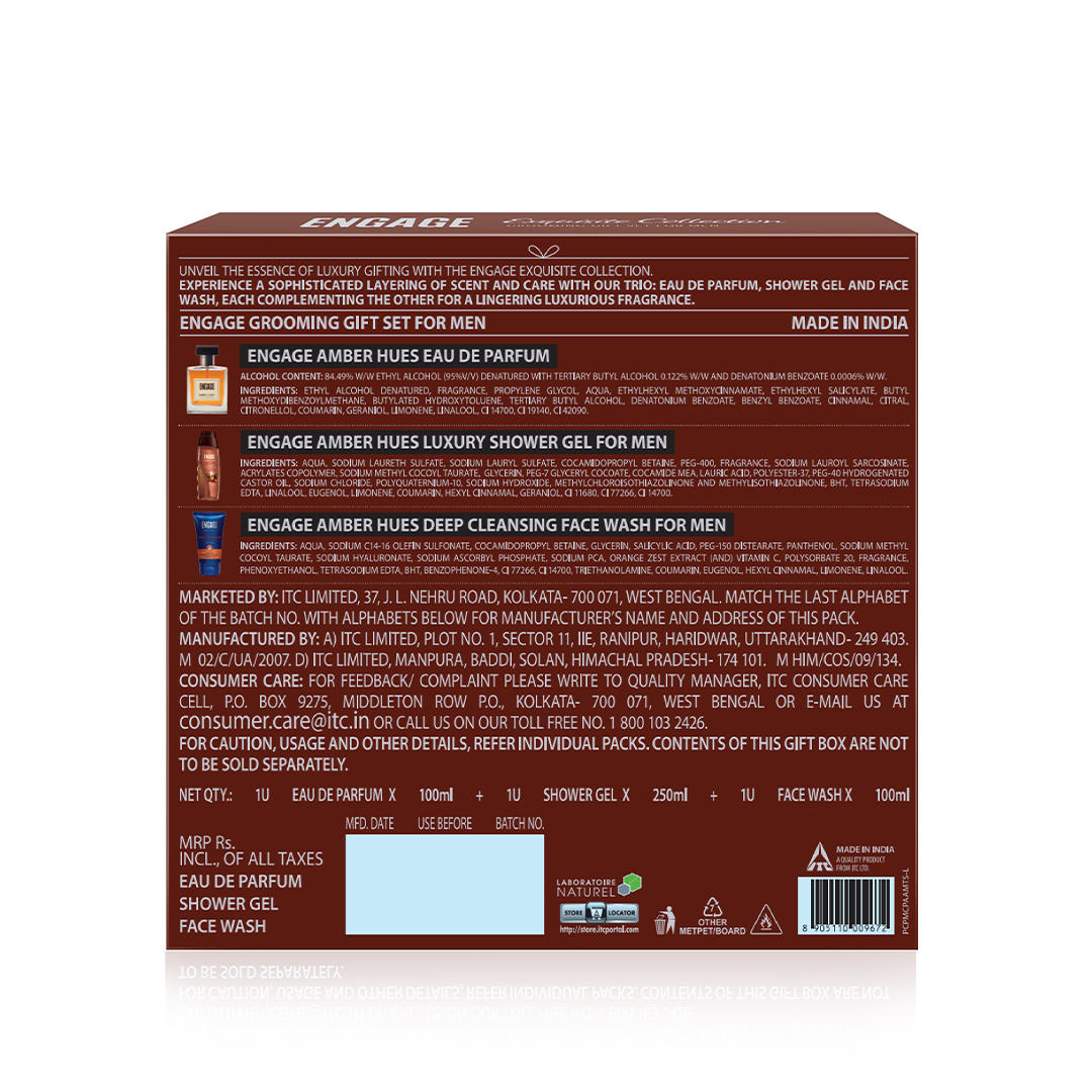 Engage Gift - Exquisite Collection Luxury Grooming Set for Men, Amber Hues Eau De Parfum (100ml), Amber Hues Shower Gel (250ml), Amber Hues Face Wash (100ml), Combo Set of 3, Gift For Men, Anniversary Gift, Birthday Gift_7