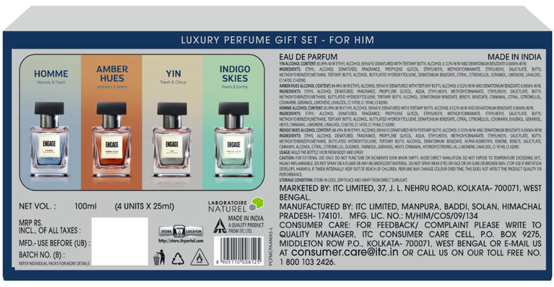 Engage Gift Assorted Luxury Perfume Set - For Men, 100ml, Long Lasting, Assorted Pack, Birthday Gift, Anniversary Gift, 25ml x 4