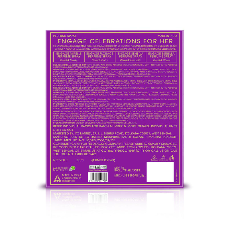 Engage Gift Perfume Set - Celebrations For Women, 100ml, Long Lasting, Assorted Pack, Birthday Gift, Anniversary Gift, 25ml x 4