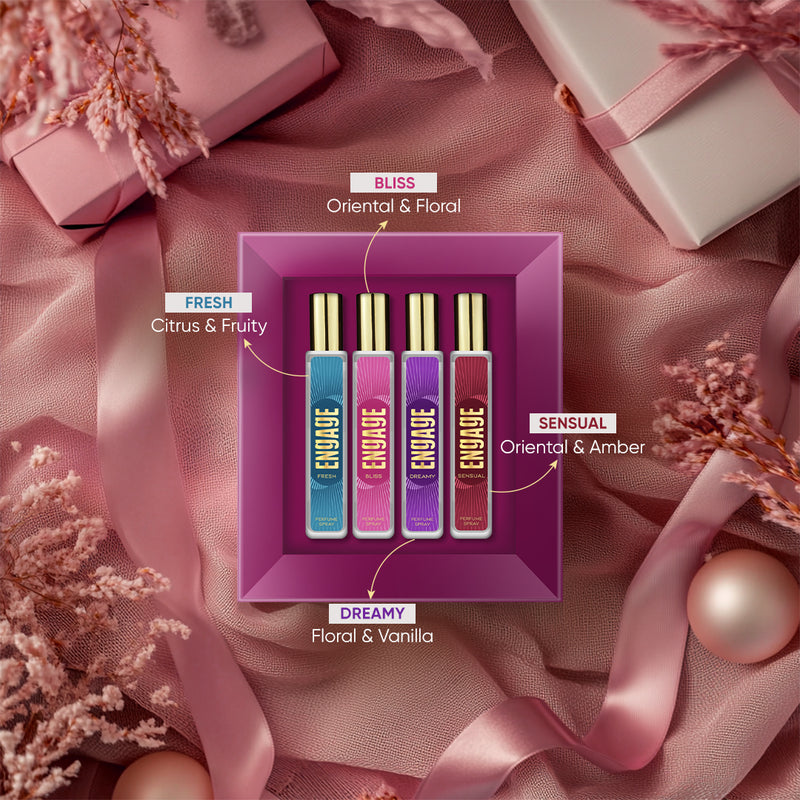 Engage Gift Perfume Set - Vibes For Women, 100ml, Long Lasting, Assorted Pack, Birthday Gift, Anniversary Gift, 25ml x 4